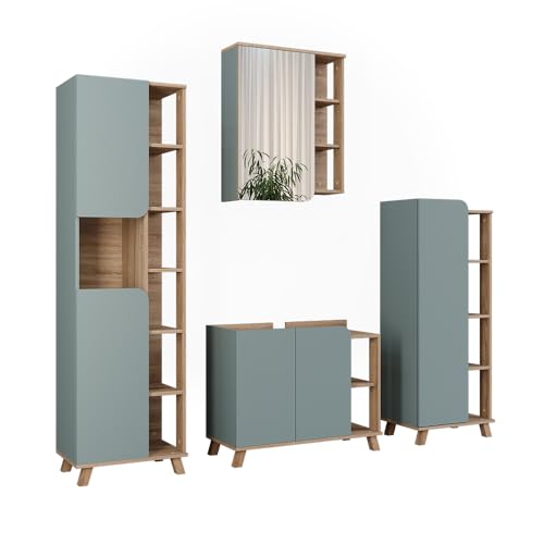 Vicco Badmöbel-Set Sonoma/Blau Karen, bestehend aus Badspiegelschrank, Waschbeckenunterschrank, Midischrank, Hochschrank - Platz für Pflege- und Badutensilien Vicco Badmöbel-Set Sonoma/Blau Karen, bestehend aus Badspiegelschrank, Waschbeckenunterschrank, Midischrank, Hochschrank - Platz für Pflege- und Badutensilien von Vicco