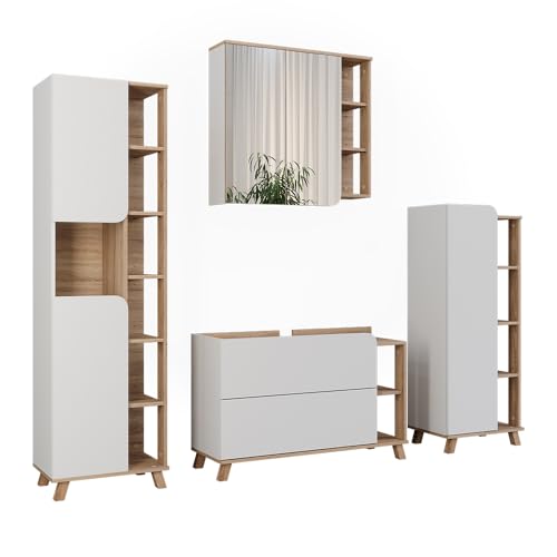 Vicco Badmöbel-Set Sonoma/Weiß Karen, bestehend aus Badspiegelschrank, Waschbeckenunterschrank, Midischrank, Hochschrank - Offene und geschlossene Fächer für Flexible Aufbewahrung Vicco Badmöbel-Set Sonoma/Weiß Karen, bestehend aus Badspiegelschrank, Waschbeckenunterschrank, Midischrank, Hochschrank - Offene und geschlossene Fächer für Flexible Aufbewahrung von Vicco