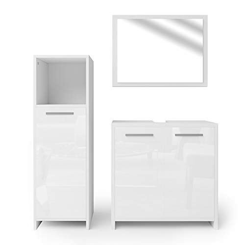 Vicco Badmöbel-Set Weiß Hochglanz/Weiß Kiko, bestehend aus Bad Spiegelschrank, Waschbeckenunterschrank, Midischrank - Platz für Pflege- und Badutensilien von Vicco