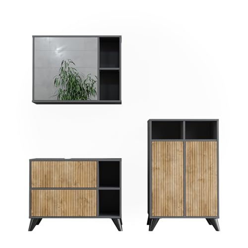 Vicco Badmöbel-Set Anthrazit/Bergeiche Leano, bestehend aus Bad Spiegelschrank, Waschbeckenunterschrank, Midischrank - Viel Stauraum Oben und unten von Vicco