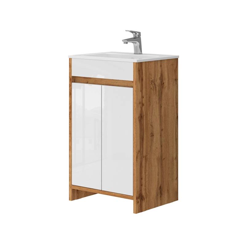Vicco Badmöbel-Set Lemgo Goldkraft Eiche/Weiß Hochglanz 2 Teile mit Waschbecken und 2 Flügeltüren von Vicco