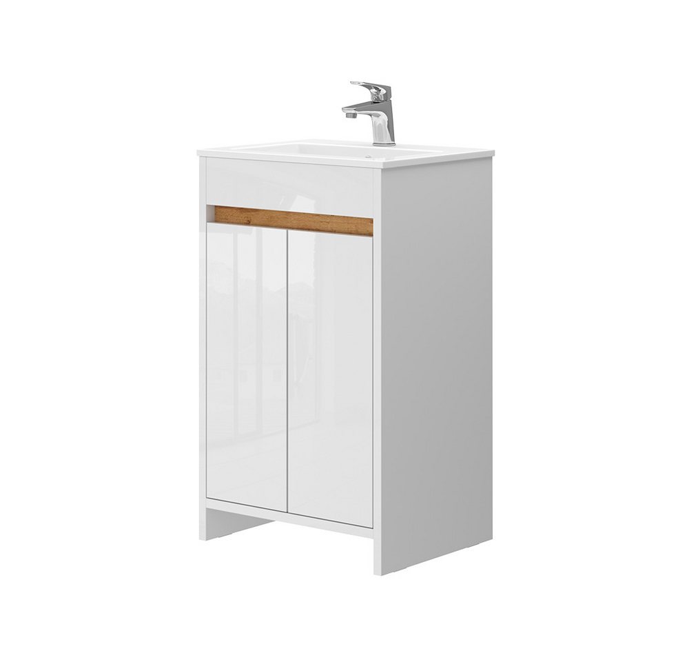 Vicco Badmöbel-Set Lemgo Weiß/Weiß HG 2 Teile mit Waschbecken und 2 Flügeltüren, (2-St., 2er Set) von Vicco