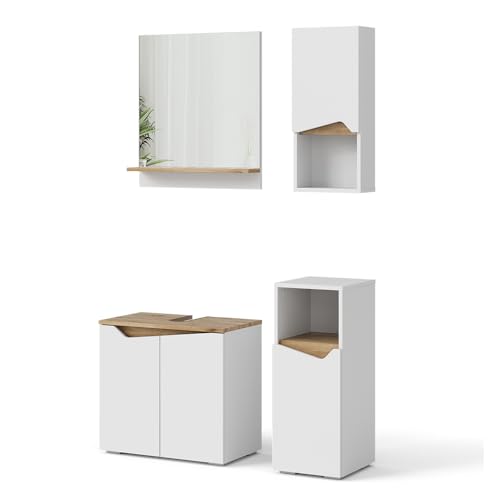 Vicco Badmöbel-Set Weiß Marelle, bestehend aus Bad Spiegelschrank, Waschbeckenunterschrank, Midischrank, Hängeschrank - Praktische Aufbewahrung für Badutensilien von Vicco