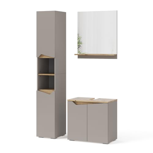 Vicco Badmöbel-Set Greige Marelle, bestehend aus Bad Spiegelschrank, Waschbeckenunterschrank, Hochschrank - Praktische Aufbewahrung für Badutensilien von Vicco