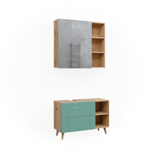 Vicco Badmöbel-Set Mintgrün Rudi, bestehend aus Waschbeckenunterschrank, Badezimmerspiegel - Viel Stauraum Oben und unten von Vicco
