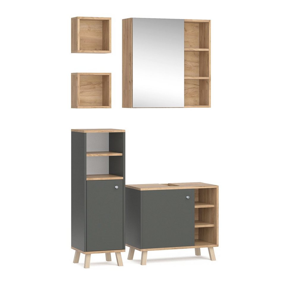 Vicco Badmöbel-Set Senyo, Anthrazit/Goldkraft Eiche, 4 Teile, mit Hängeschrank, (5-er Set, 5-St., 5-er Set) von Vicco