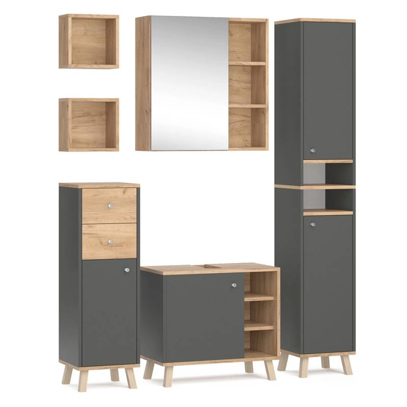 Vicco Badmöbel-Set Senyo Anthrazit/Goldkraft Eiche 5 Teile von Vicco
