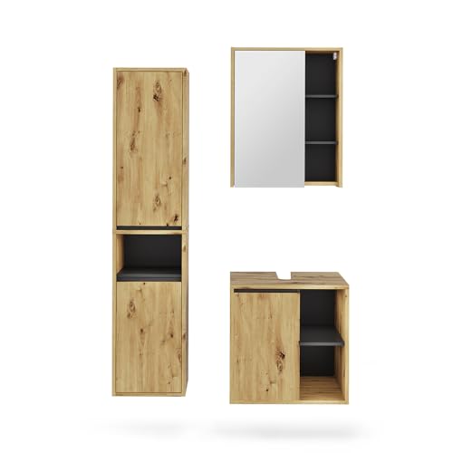 Vicco Badmöbel-Set Artisan/Grau Viola, bestehend aus Bad Spiegelschrank, Waschbeckenunterschrank, Hochschrank - Mehr Stauraum ohne Bodenfläche zu nutzen von Vicco