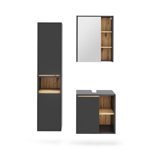 Vicco Badmöbel-Set Grau/Artisan Viola, bestehend aus Bad Spiegelschrank, Waschbeckenunterschrank, Hochschrank - Mehr Stauraum ohne Bodenfläche zu nutzen von Vicco