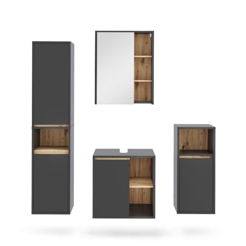 Vicco Badmöbel-Set Grau/Artisan Viola, bestehend aus Badspiegelschrank, Waschbeckenunterschrank, Midischrank, Hochschrank - Mehr Stauraum ohne Bodenfläche zu nutzen von Vicco