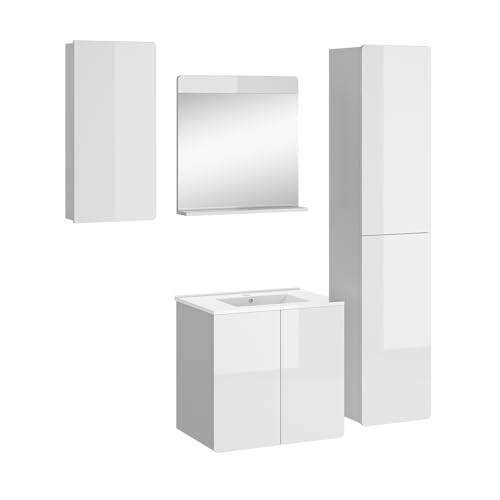 Vicco Badmöbel-Set Weiß Izan, bestehend aus Waschbeckenunterschrank, Waschbecken, Hängeschrank, Hochschrank, Midischrank - Mehr Stauraum ohne Bodenfläche zu nutzen von Vicco