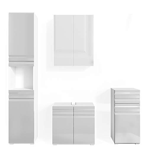 Vicco Badmöbel-Set Weiß Hochglanz Fredd, bestehend aus Badspiegelschrank, Waschbeckenunterschrank, Midischrank, Hochschrank - Zeitloses Design passend zu jedem Einrichtungsstil von Vicco