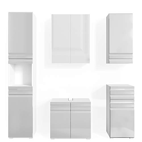 Vicco Badmöbel-Set Weiß Hochglanz Fredd, bestehend aus Bad Spiegelschrank, Midischrank, Hängeschrank, Waschbeckenunterschrank, Hochschrank - Zeitloses Design passend zu jedem Einrichtungsstil von Vicco