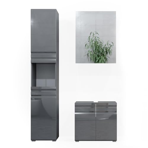Vicco Badmöbel-Set Anthrazit Hochglanz Fredd, bestehend aus Bad Spiegelschrank, Waschbeckenunterschrank, Hochschrank - Zeitloses Design passend zu jedem Einrichtungsstil von Vicco