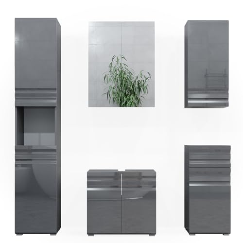 Vicco Badmöbel-Set Freddy, Badezimmerschrank-Set, Anthrazit Hochglanz, 5 Teile von Vicco