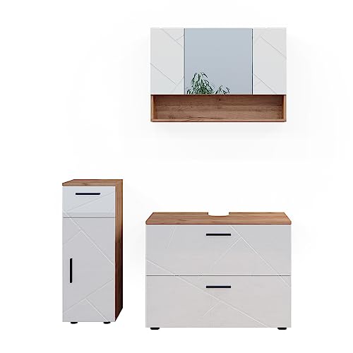 Vicco Badmöbel-Set Weiß Hochglanz/Goldkraft Eiche Irma, bestehend aus Bad Spiegelschrank, Waschbeckenunterschrank, Midischrank - Versteckter Stauraum hinter eleganten Türen von Vicco
