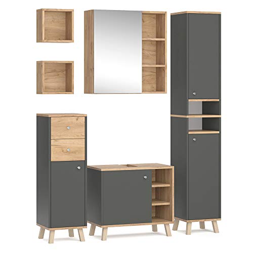Vicco Badmöbel-Set Anthrazit Senyo, bestehend aus Bad Spiegelschrank, Waschbeckenunterschrank, Hochschrank, Midischrank, Badregal x2 - Zeitloses Design passend zu jedem Einrichtungsstil von Vicco