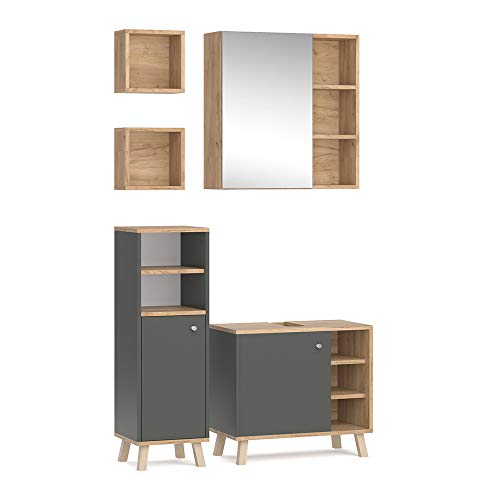 Vicco Badmöbel-Set Anthrazit Senyo, bestehend aus Bad Spiegelschrank, Waschbeckenunterschrank, Midischrank, Badregal - Zeitloses Design passend zu jedem Einrichtungsstil von Vicco