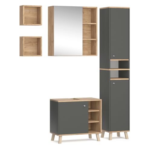 Vicco Badmöbel-Set Anthrazit Senyo, bestehend aus Bad Spiegelschrank, Waschbeckenunterschrank, Hochschrank, Badregal - Zeitloses Design passend zu jedem Einrichtungsstil von Vicco