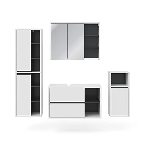 Vicco Badmöbel-Set Weiß Viola, bestehend aus Badspiegelschrank, Waschbeckenunterschrank, Midischrank, Hochschrank - Mehr Stauraum ohne Bodenfläche zu nutzen von Vicco
