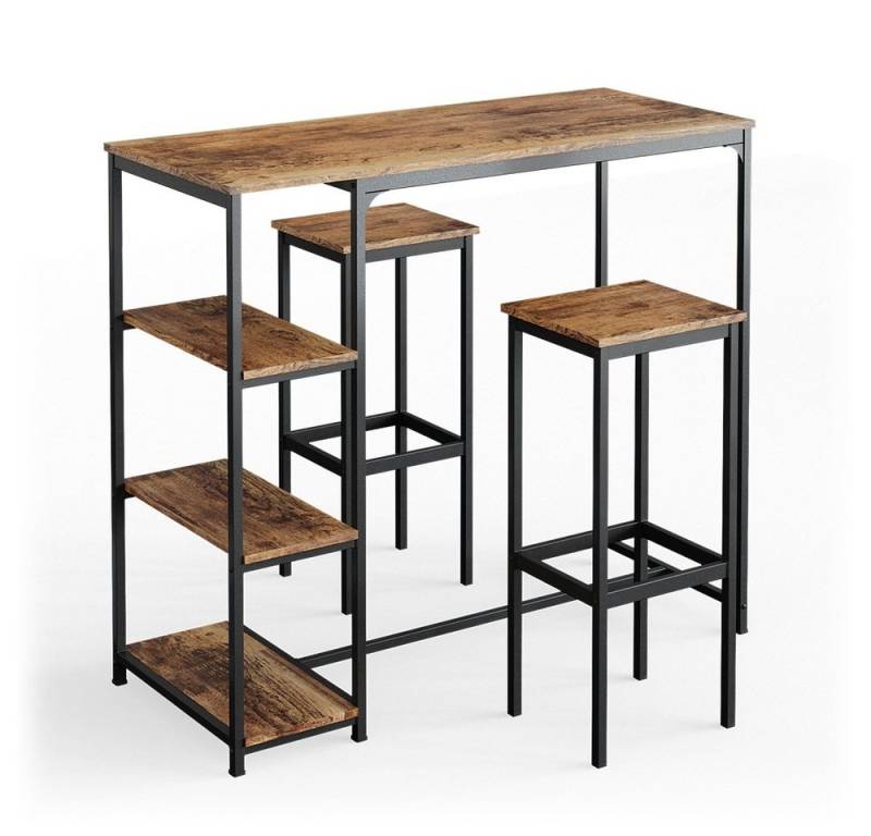 Vicco Bartisch Fyrk, Eiche rustikal/Schwarz, 120 x 50 cm mit Regalen und 2 Barhockern von Vicco