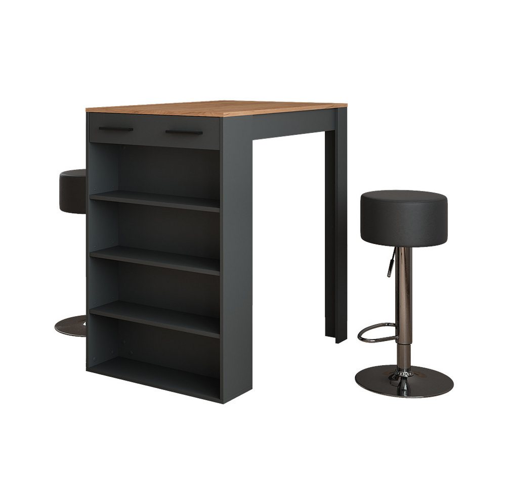 Vicco Bartisch Repose, Anthrazit/Goldkraft Eiche, 67 x 100 cm mit 2 Barhockern von Vicco