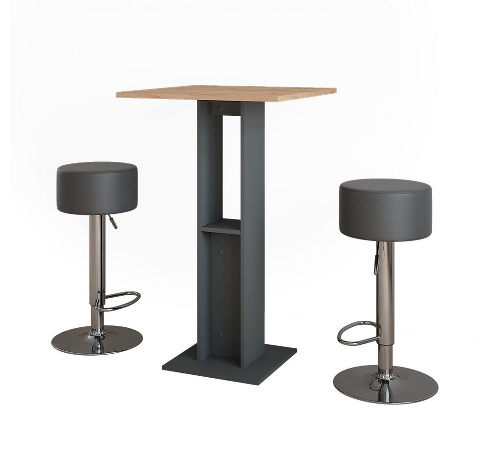 Vicco Bartisch Repose, Goldkraft Eiche/Anthrazit/Schwarz, 65 x 65 cm mit 2 Barhockern von Vicco