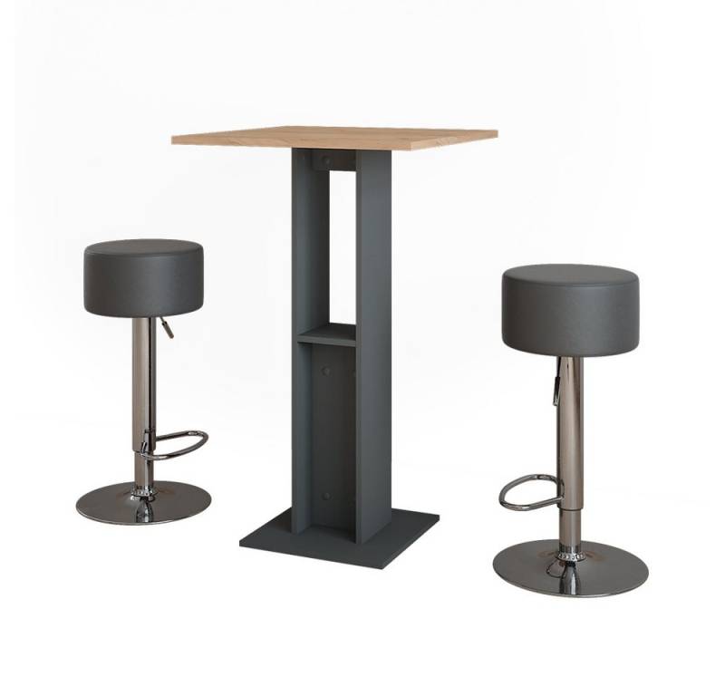 Vicco Bartisch Repose, Goldkraft Eiche/Anthrazit/Schwarz, 65 x 65 cm mit 2 Barhockern von Vicco