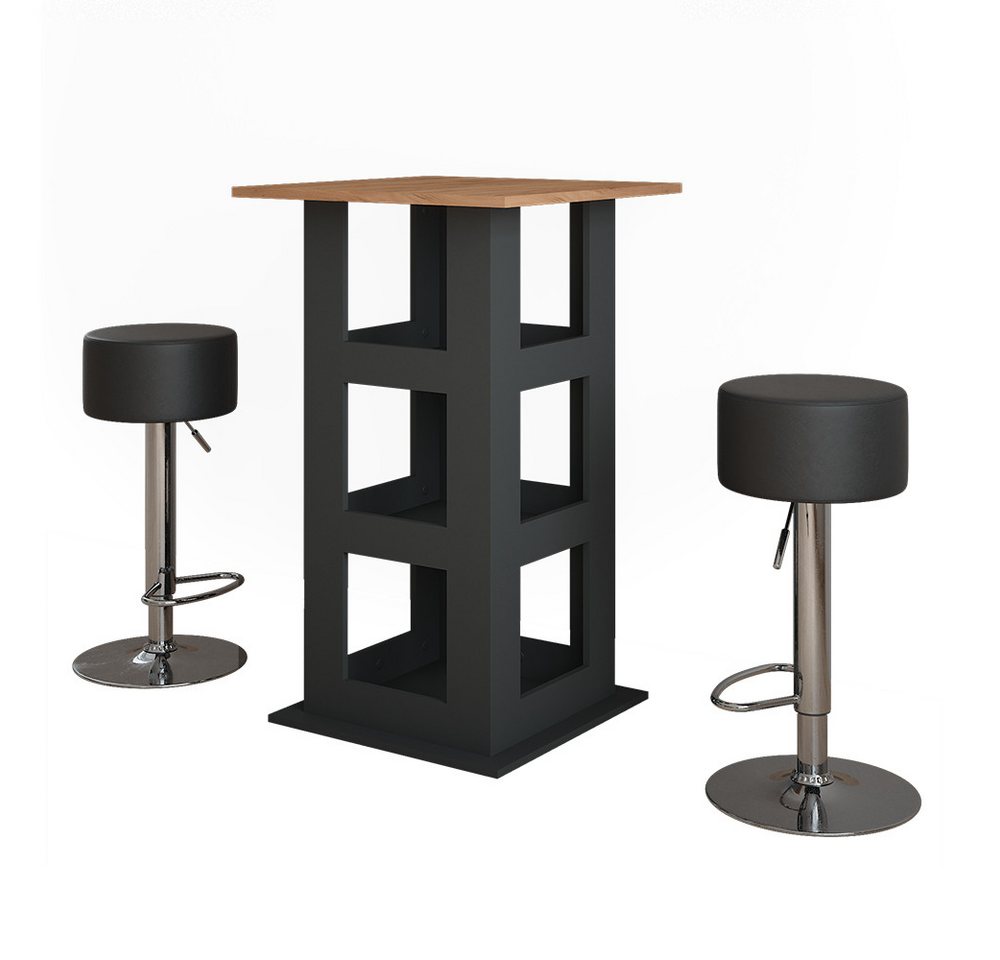 Vicco Bartisch Repose, Goldkraft Eiche/Anthrazit/Schwarz, 65 x 65 cm mit 2 Barhockern von Vicco