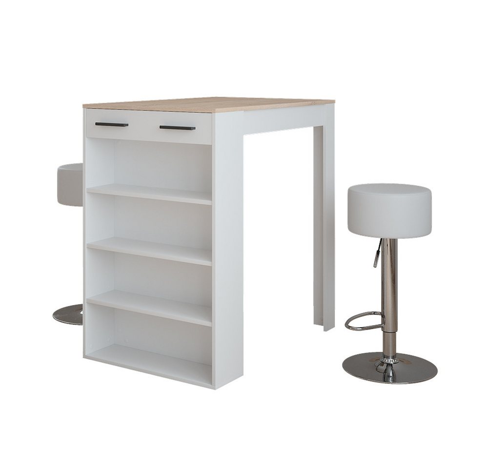 Vicco Bartisch Repose, Weiß/Sonoma/Weiß, 67 x 100 cm mit 2 Barhockern von Vicco