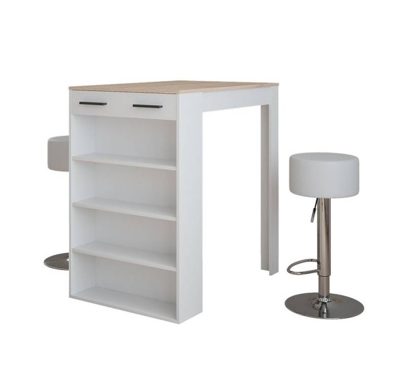 Vicco Bartisch Repose, Weiß/Sonoma/Weiß, 67 x 100 cm mit 2 Barhockern von Vicco