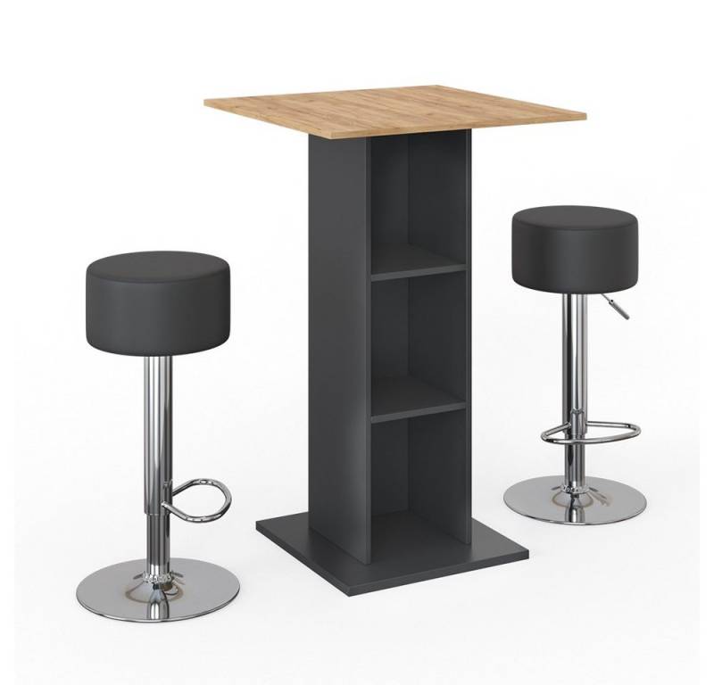 Vicco Bartisch Rodeo, Anthrazit/Goldkraft Eiche, 70 x 70 cm mit 2 Barhockern von Vicco