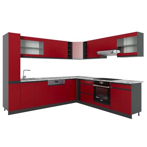 Vicco Eckküche R-Line, Küchenzeile in L-Form, Rot/Anthrazit, 257 x 277 cm J-Shape, AP Marmor von Vicco