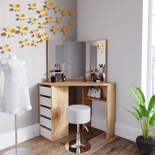 Vicco Frisiertisch für die Ecke Arielle, Goldkraft Eiche/Weiß, 110 cm mit Hocker Vicco Frisiertisch für die Ecke Arielle, Goldkraft Eiche/Weiß, 110 cm mit Hocker von Vicco