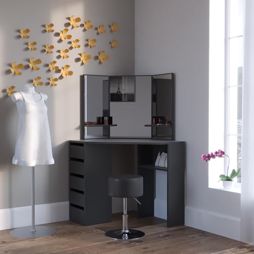 Vicco Frisiertisch für die Ecke Arielle, Kosmetiktisch mit Spiegel, Schwarz, 110 cm mit Hocker von Vicco
