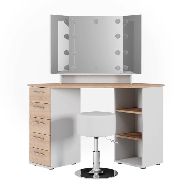 Vicco Eckschminktisch Sofia Weiß/Sonoma/Sonoma 128.4 cm mit LED Beleuchtung und Hocker von Vicco
