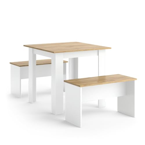 Vicco Esstisch Set Sentio, Weiß/Goldkraft Eiche, 80 x 80 cm mit 2 Bänken von Vicco