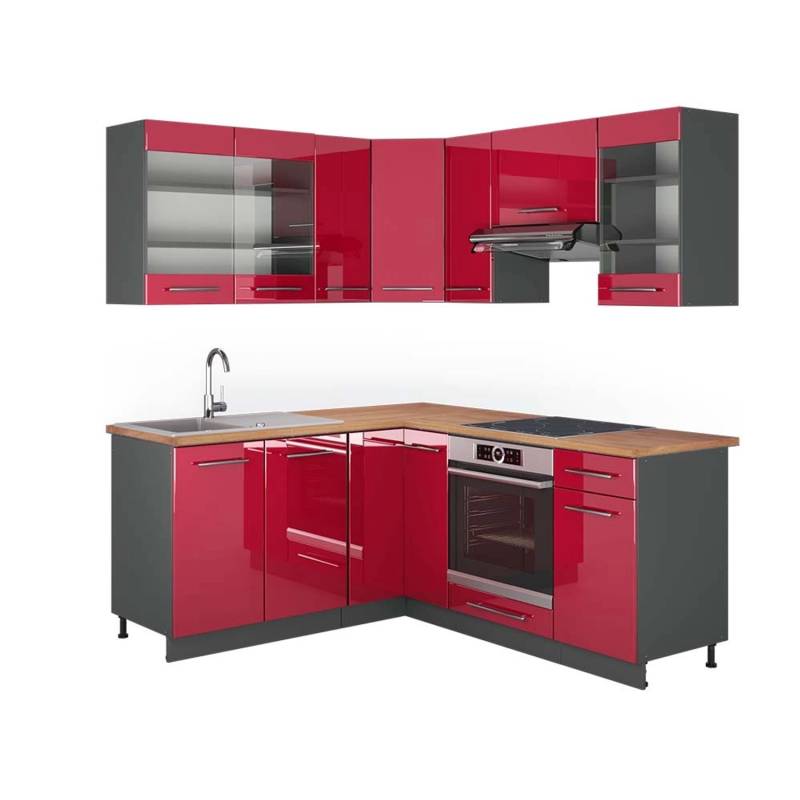 Vicco Fame-Line Eckküche Bordeaux Hochglanz/Anthrazit 160 x 190 cm AP Eiche von Vicco