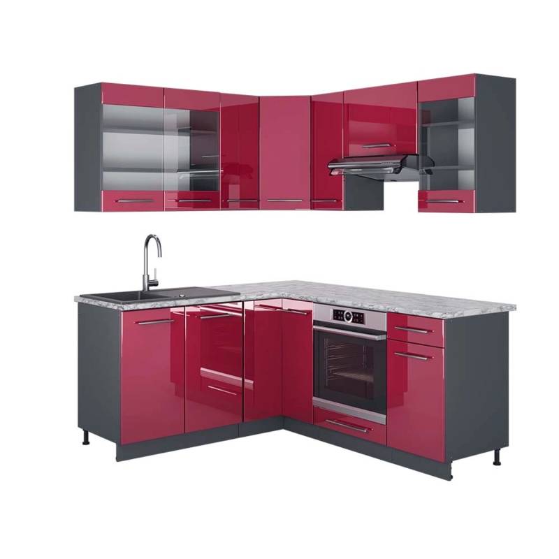 Vicco Fame-Line Eckküche Bordeaux Hochglanz/Anthrazit 160 x 190 cm AP Marmor von Vicco