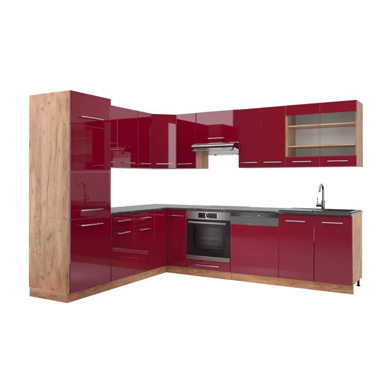 Vicco Fame-Line Eckküche Bordeaux Hochglanz/Goldkraft Eiche 227 x 60 cm ohne Arbeitsplatte von Vicco