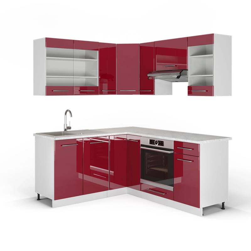 Vicco Fame-Line Eckküche Bordeaux Hochglanz/Weiß 160 x 190 cm AP Marmor von Vicco