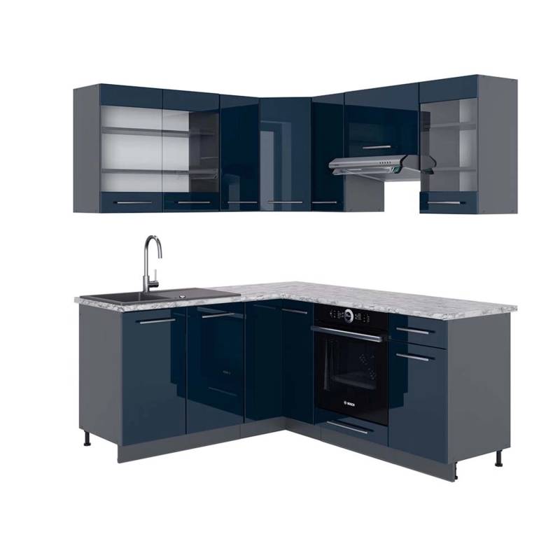 Vicco Fame-Line Eckküche Dunkelblau Hochglanz/Anthrazit 160 x 190 cm AP Marmor von Vicco