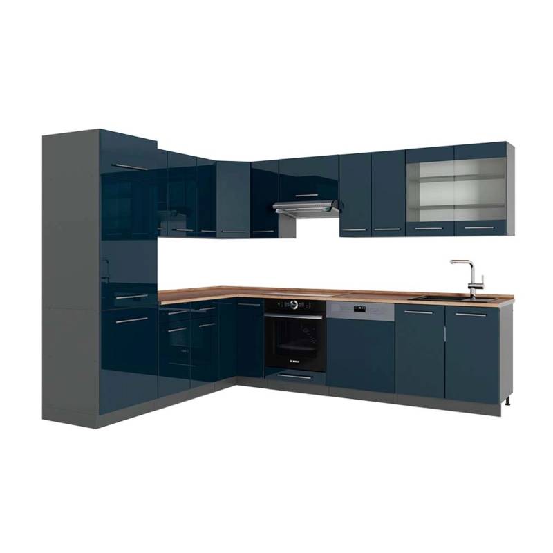 Vicco Fame-Line Eckküche Dunkelblau Hochglanz/Anthrazit 227 x 287 cm AP Eiche von Vicco