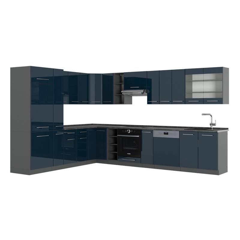 Vicco Fame-Line Eckküche Dunkelblau Hochglanz/Anthrazit 257 x 60 cm AP Anthrazit von Vicco