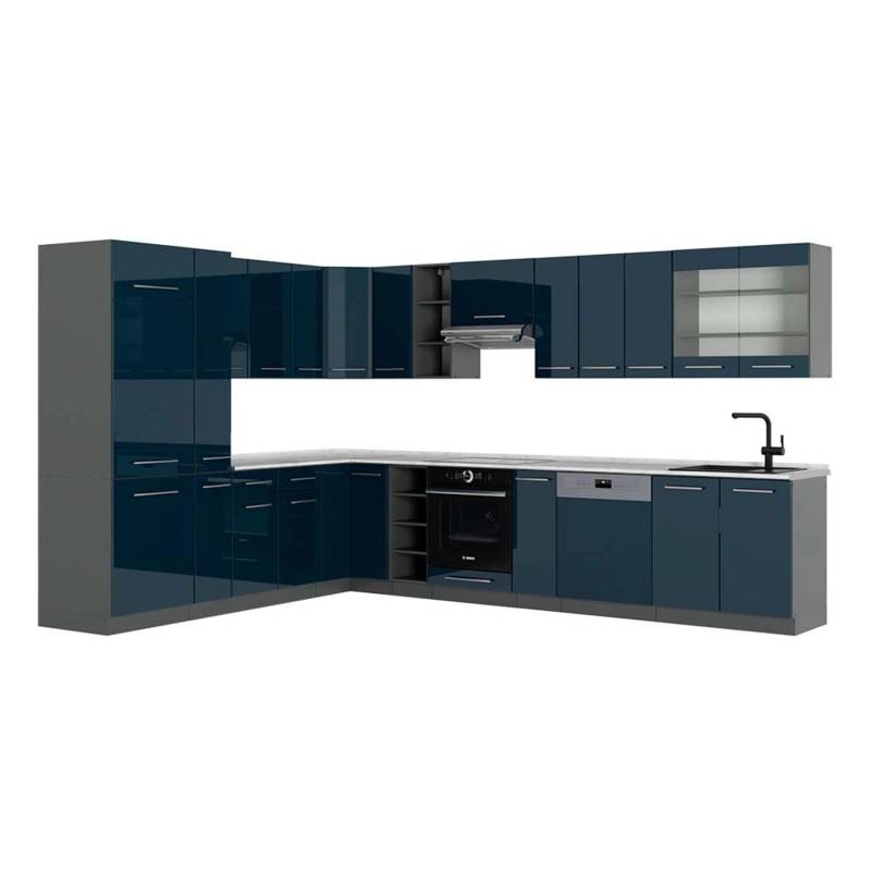 Vicco Fame-Line Eckküche Dunkelblau Hochglanz/Anthrazit 257 x 60 cm AP Marmor von Vicco