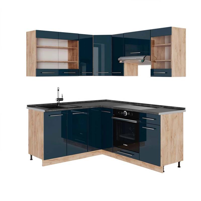 Vicco Fame-Line Eckküche Dunkelblau Hochglanz/Goldkraft Eiche 160 x 190 cm AP Anthrazit von Vicco