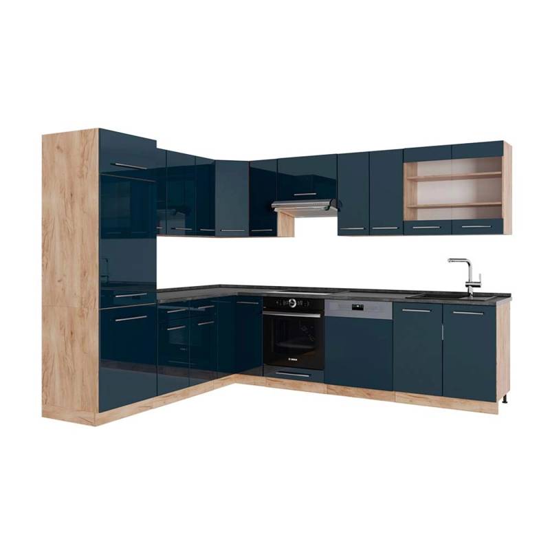 Vicco Fame-Line Eckküche Dunkelblau Hochglanz/Goldkraft Eiche 227 x 287 cm AP Anthrazit von Vicco