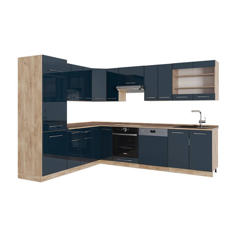 Vicco Fame-Line Eckküche Dunkelblau Hochglanz/Goldkraft Eiche 227 x 287 cm AP Eiche von Vicco