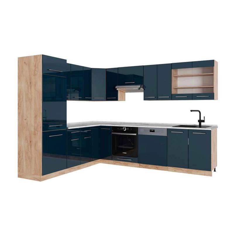 Vicco Fame-Line Eckküche Dunkelblau Hochglanz/Goldkraft Eiche 227 x 287 cm AP Marmor von Vicco