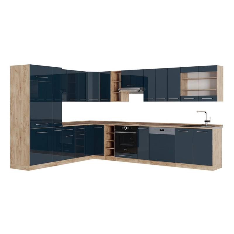 Vicco Fame-Line Eckküche Dunkelblau Hochglanz/Goldkraft Eiche 257 x 60 cm ohne Arbeitsplatte von Vicco
